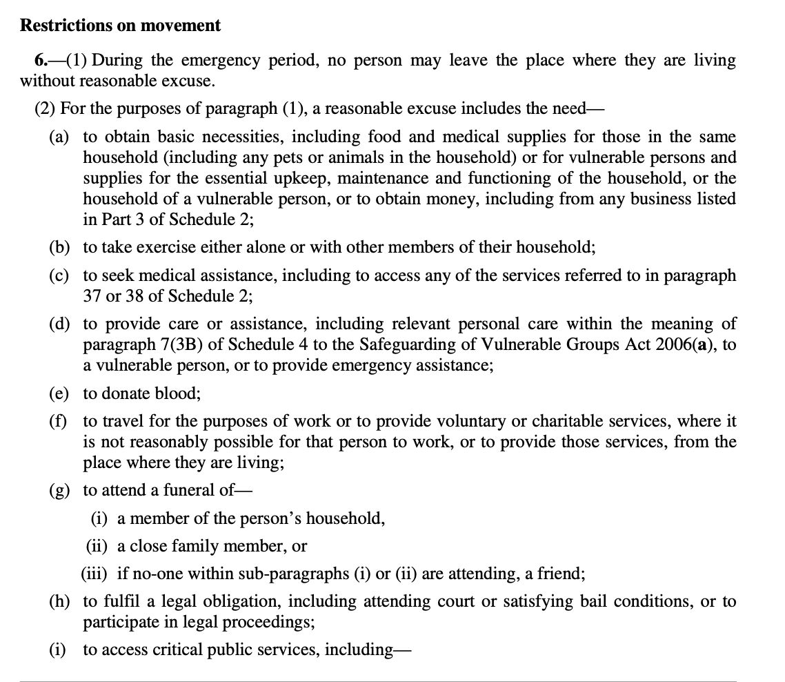 ... in other words you must leave your house without a reasonable excuse, and the reasonable excuses are listed in the regulations (though they have previously been non-exhaustive)This is from the previous regulations but I expect it will be similar  https://www.legislation.gov.uk/uksi/2020/350/pdfs/uksi_20200350_en.pdf