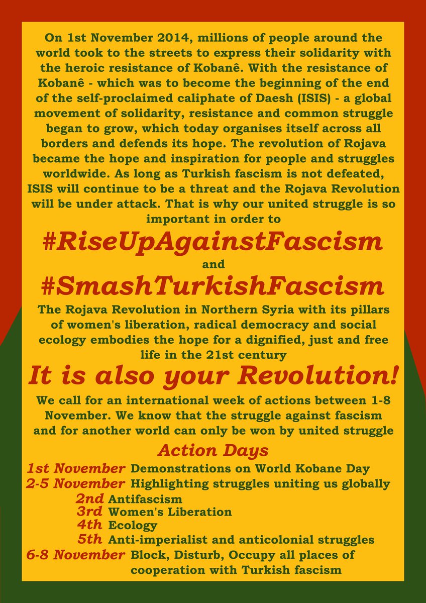 Footage of ActionsFollow and share this thread for pictures and videos of actions around the world, showing that this is our common revolution that we continue defending wherever we are!From  #Kobanê to the world:  #RiseUpAgainstFascism