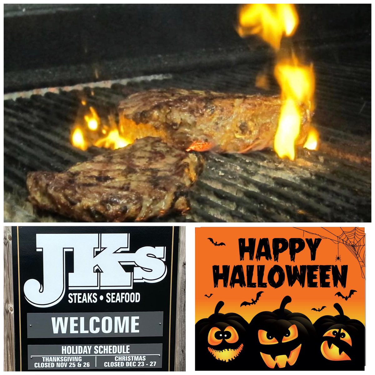 JKsRestaurant's tweet photo. HaPpY Halloween!!  OPEN @ 5pm 🍴Fresh salads, delicious appetizers, ribs, shrimp, tender beef or local seafood ~ yum! 🥩 #jks #steak #seafood #beef #wine #lveal #shrimp 🥗🍴🍹🍤 https://t.co/86uQumol4A