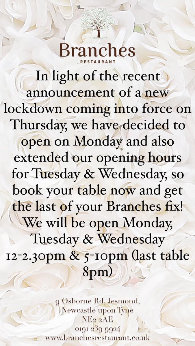 CHANGES TO THIS WEEKS OPENING HOURS, PLEASE READ &amp; SHARE 🌸

branchesrestaurant.co.uk

#booknow #lockdowniscoming #Lockdown2 #jesmond #newcastle #newcastlerestaurants #nefollowers #nefoodies #lockdownUK #northeastfoodie #nefood #newcastlecocktails #northeast