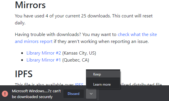 Hey everyone, we've deployed a new mirror! Library Mirror #1 is now our primary mirror, and will always have the latest downloads. I've set generous speed limits, enjoy!

To Chrome users, HTTPS downloads are in the works. For now, you can bypass the error as shown below.