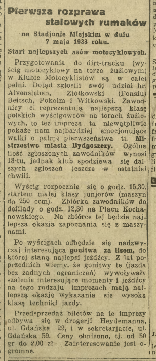 zecer_bdg's tweet photo. Z przedwojennej bydgoskiej prasy. Tym razem Mistrzostwo Miasta Bydgoszczy, 7 maja 1933 r.
#dirtrack cc: @mazpro28 @Mechtylda_ https://t.co/3AUa5OqBfH
