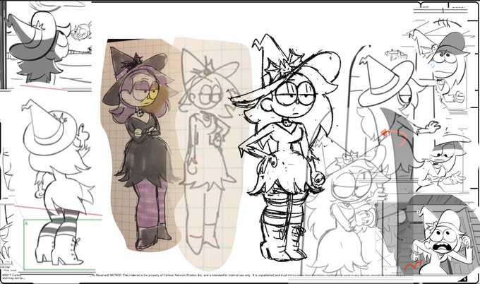 "Parents Day" pre-design and refs for Witch Enid and Wilhamena by Julia Srednicki, pulling from boards &amp; predesign by @stebvi and @dannyducker. You can really see Wil's "Elvira"-esque origins here. (There was a page for Bernard too, but sadly it's been lost to time.?) 