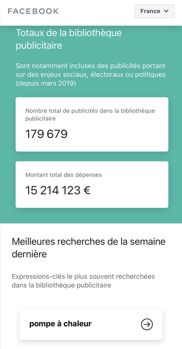 cedbde's tweet photo. Pour chaque publicité, on peut connaître : 
• le statut
• l’avis de rejet
• le nombre d’impressions
• le montant dépensé
• les données démographiques
• le lieu
En espérant que les meilleures recherches de la semaine ne se cantonnent pas aux pompes à chaleur. #USElections https://t.co/ngUcRxsrrp