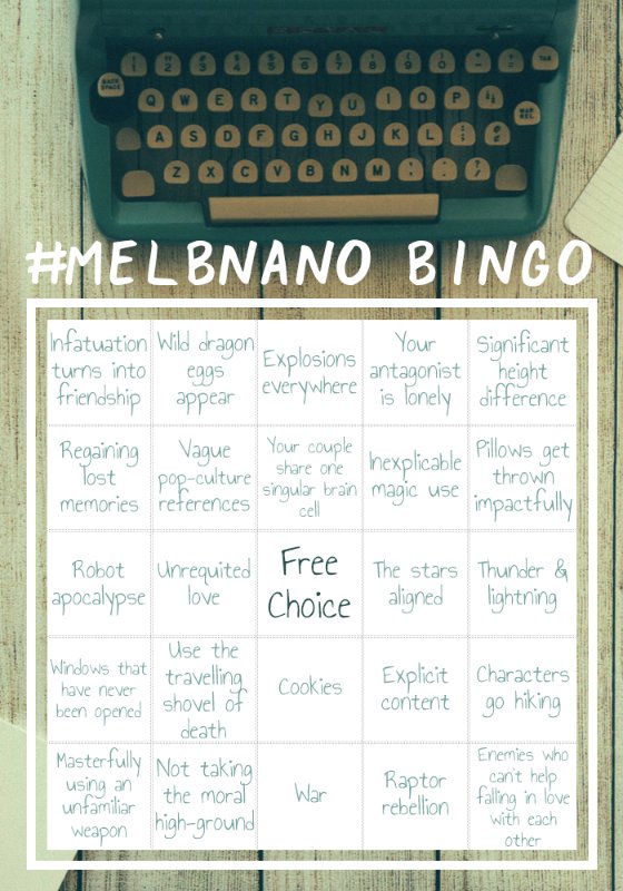 millienankivell's tweet photo. Have all my #melbnano friends started belting out words yet? I'm feeling grossly underprepared & exhausted just in anticipation! Anyway. If you'd like something to help you through, #IMadeSomeMedia for #NaNoWriMo, because who doesn't like a weird writing themed game of Bingo? https://t.co/vOJBBYWzPT