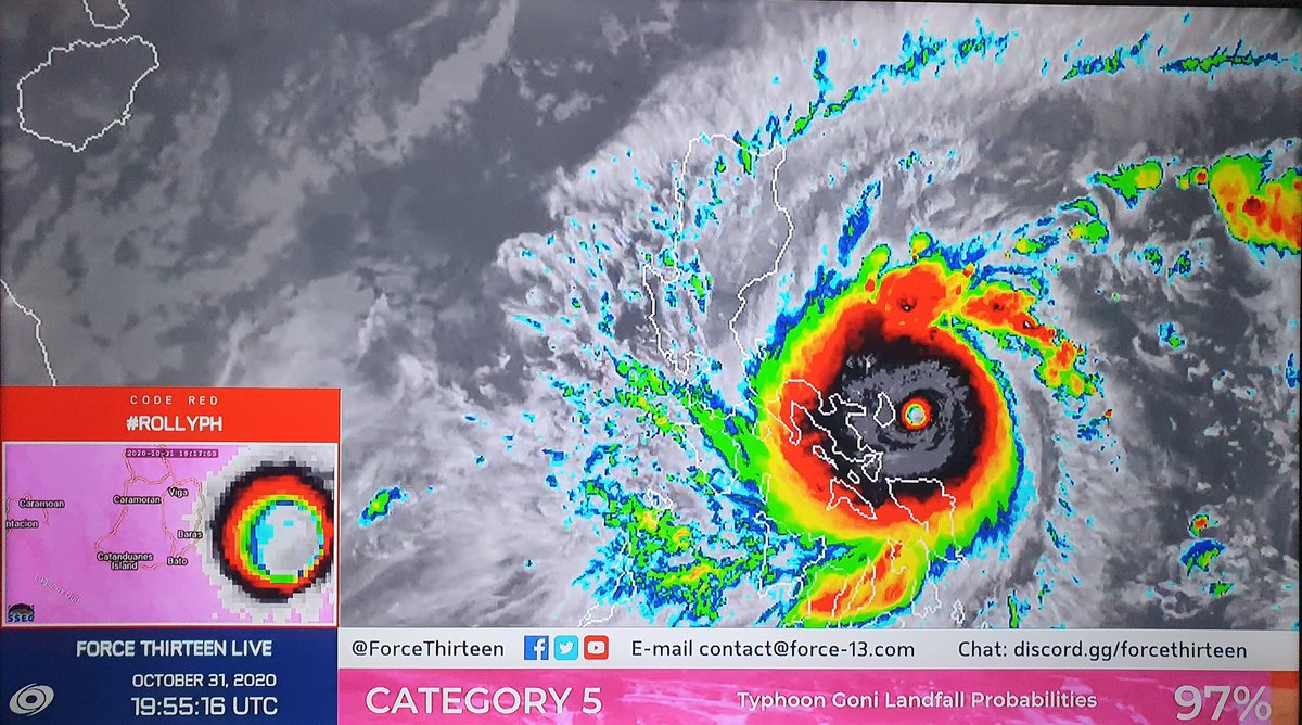 Kenteng's tweet image. Rolly/Goni has not weakened, unfortunately. The eye is about to hit Catanduanes in a half hour with wind speeds similar to Yolanda/Haiyan. 

I hope everyone is ready. My thoughts are with everyone in the Bicol region right now.🙏
#SuperTyphoonRolly #supertyphoonGoni #category5