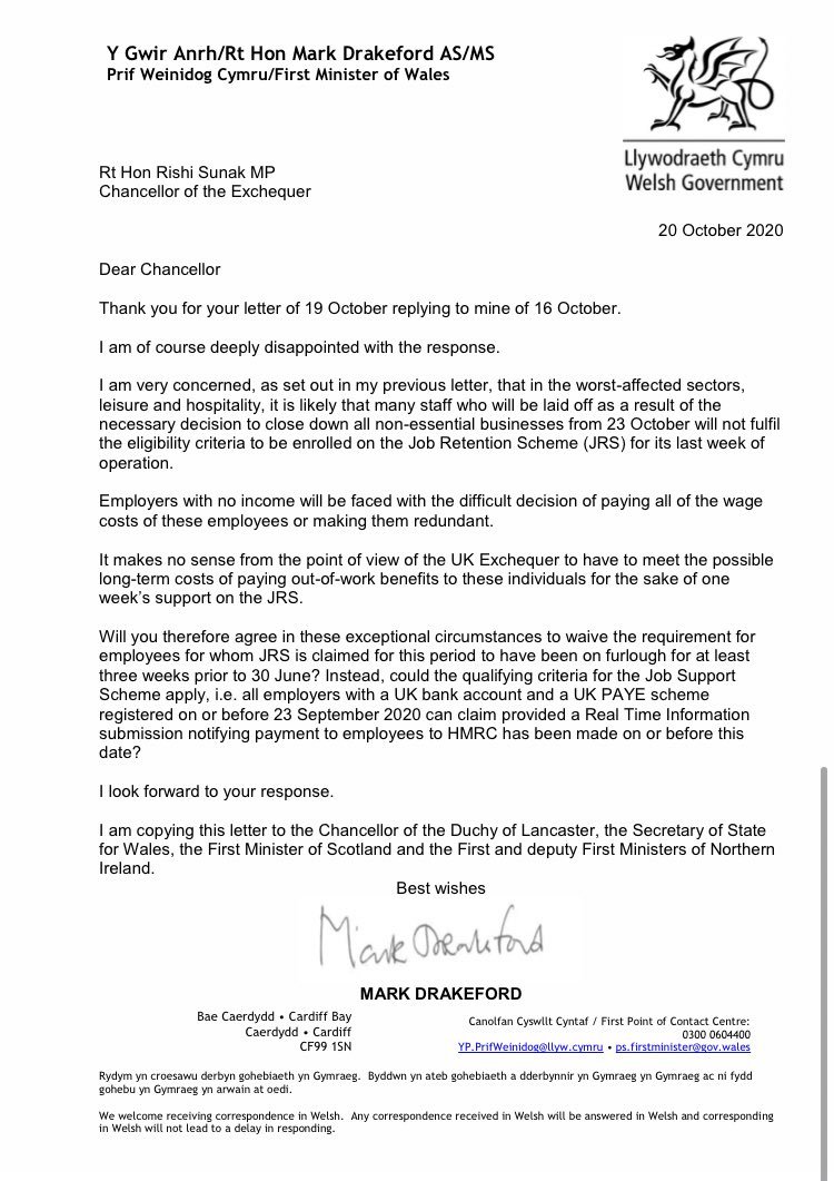 YesCymru's tweet image. As a reminder, here's @fmwales' letter to Rishi Sunak on the eve of the Firebreak - requesting furlough support for Welsh workers.
But Sunak said no.
It's typical of this bloated, corrupt Westminster money-laundering scheme that they find the cash when the city of London needs it