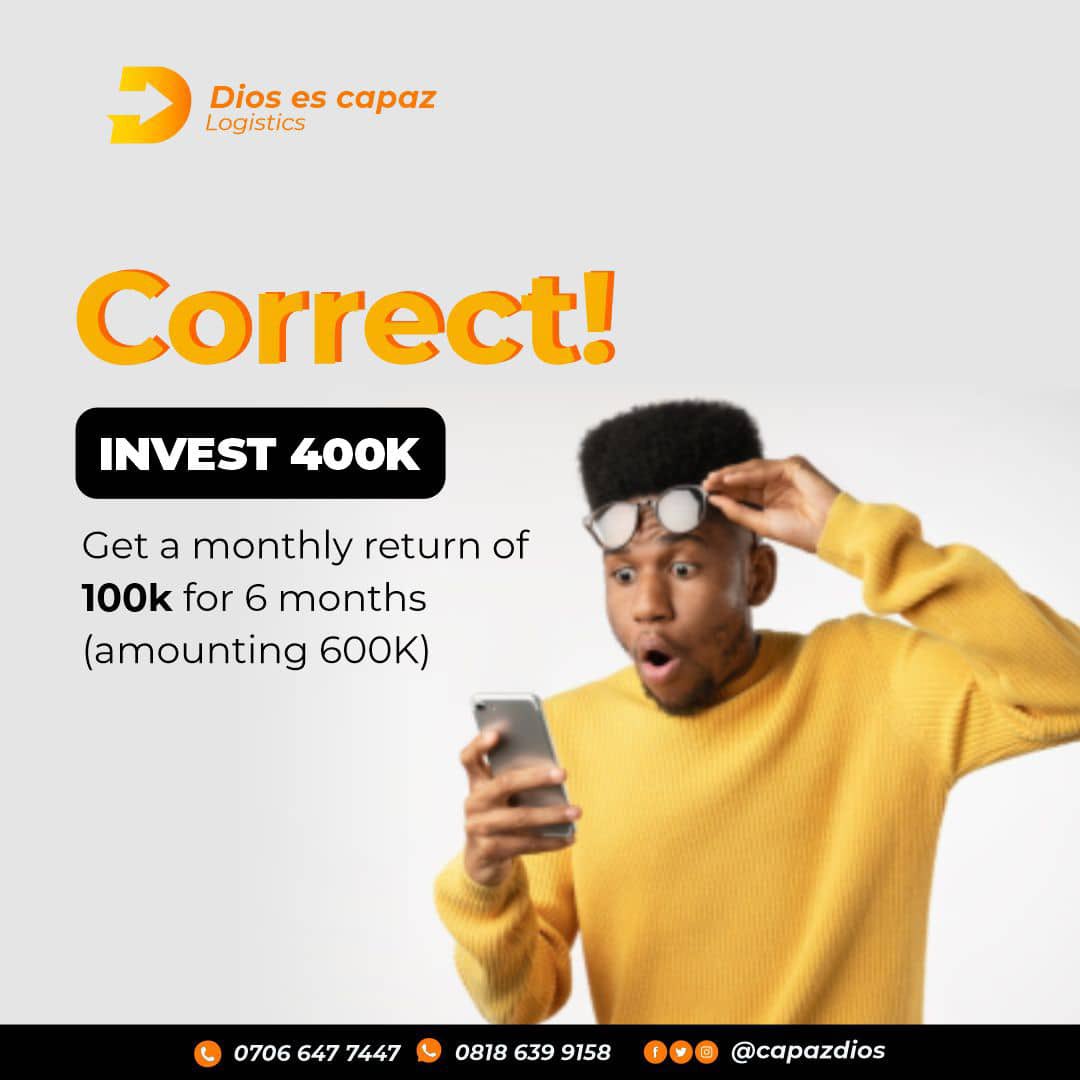 CapazDios's tweet photo. Invest 400k to Get 600k!
100k monthly for 6 months.
#CapazDios https://t.co/00JNB6WQxN