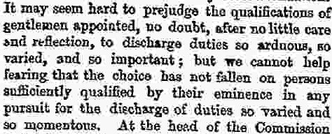 The Times even took aim at the first set of appointed Charity Commissioners, dismissing them in no uncertain terms: 23/