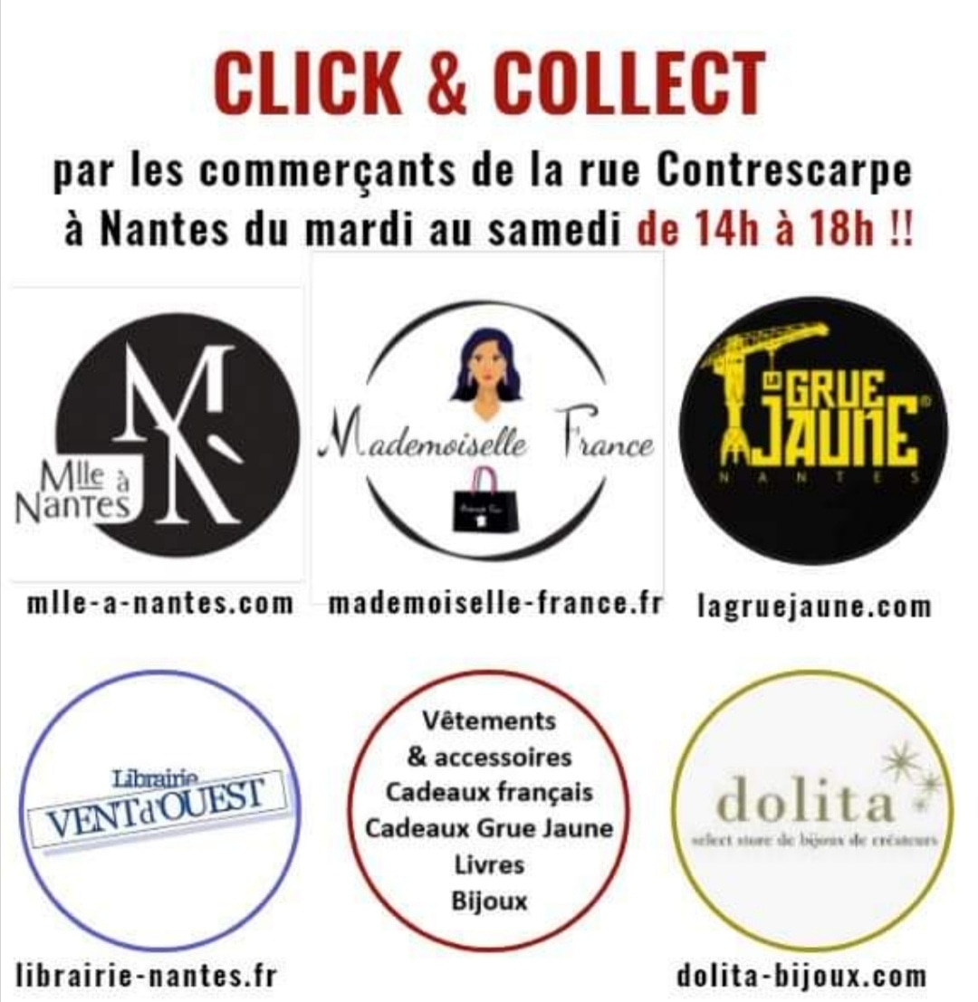 Les indépendants de la rue Contrescarpe, à Nantes, s'organisent pour le Click &amp; collect!! Tous unis!!!
<a href="/PleinCentre/">Plein Centre</a> <a href="/nantesfr/">Ville de Nantes</a> <a href="/CCINantes/">CCI Nantes St Nazaire</a>  <a href="/Johanna_Rolland/">Johanna Rolland</a> <a href="/valerie_oppelt/">Valérie Oppelt</a> <a href="/LGarnier44/">Laurence Garnier</a> <a href="/OuestFrance44/">Ouest-France 44</a> <a href="/presseocean/">Presse Océan</a> <a href="/TvNantes/">CasanovaRadioTVNantes</a> <a href="/F3PaysdelaLoire/">France 3 Pays de la Loire</a> <a href="/20minutesnantes/">20 Minutes Nantes</a> <a href="/NantesOnline/">♡ Nantes Online</a>