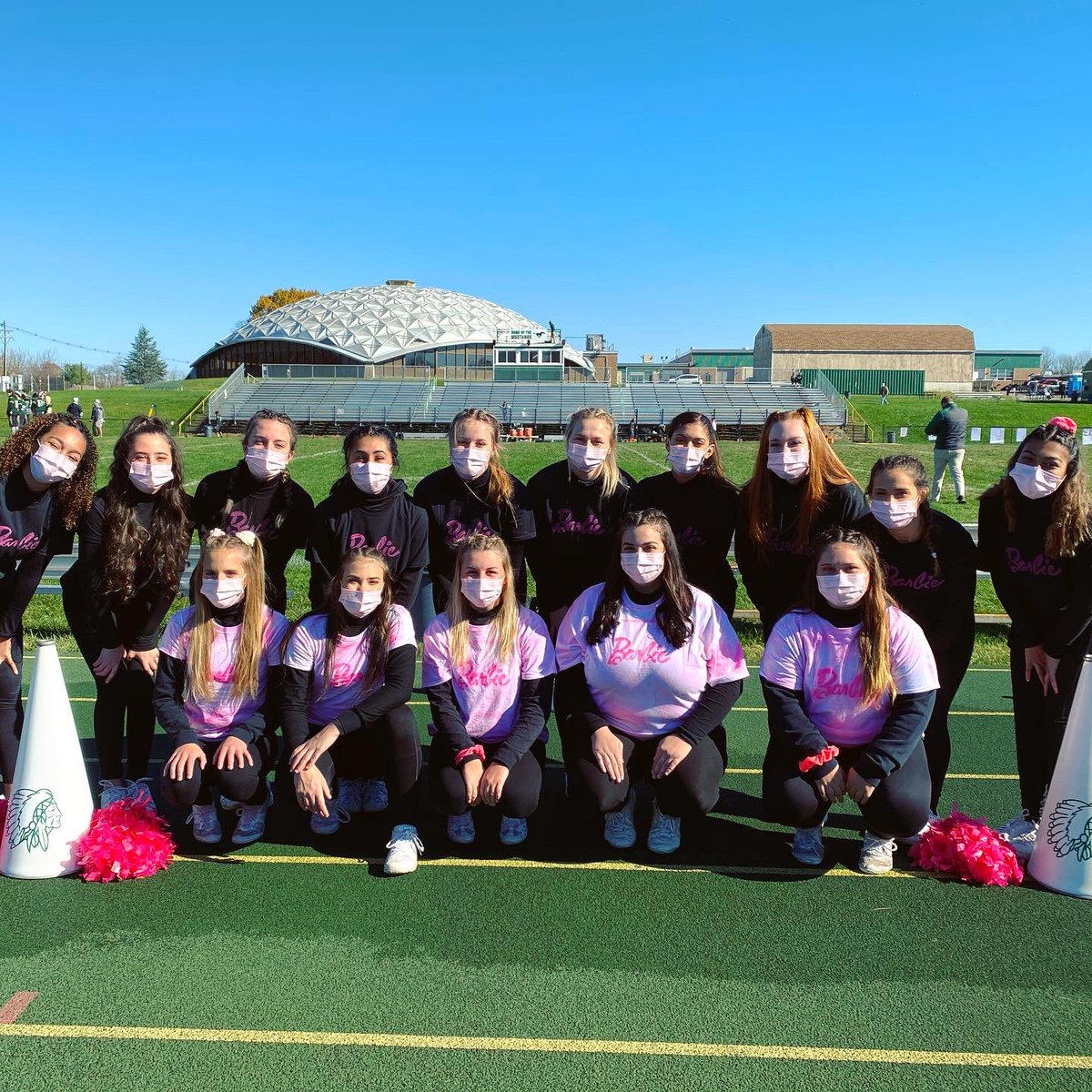 hhschiefscheer's tweet photo. “C’mon Barbie Lets Go Party!”💕
•
•
Chiefs win over the Stangs 22-6!! Way to go boys!!🏈
•
•
Special thank you to  @sussextechcheer for our treat bags! We are so thankful to be able to cheer today!! Happy Halloween!💚🎃 #chiefnation https://t.co/G19gOiCC9D