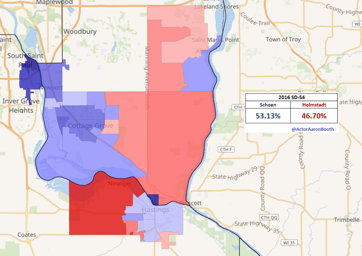 17.  #SD54This district saw a special election a few years ago that the DFL was able to hold on to. It's not a solid DFL seat any longer, but this is a place the *should* be fine in if they are having a decent night. Walz's 2018 performance here should encourage the DFL.