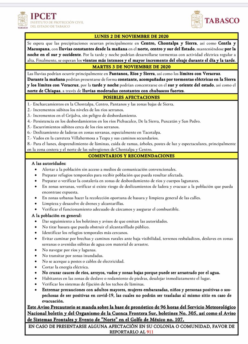 Les comparto el más reciente aviso precautorio que presenta el Instituto de Protección Civil del Estado con información que proporciona la Conagua y el Servicio Metereológico Nacional.  Se pronostican lluvias que podrían ser intensas para domingo, lunes y martes