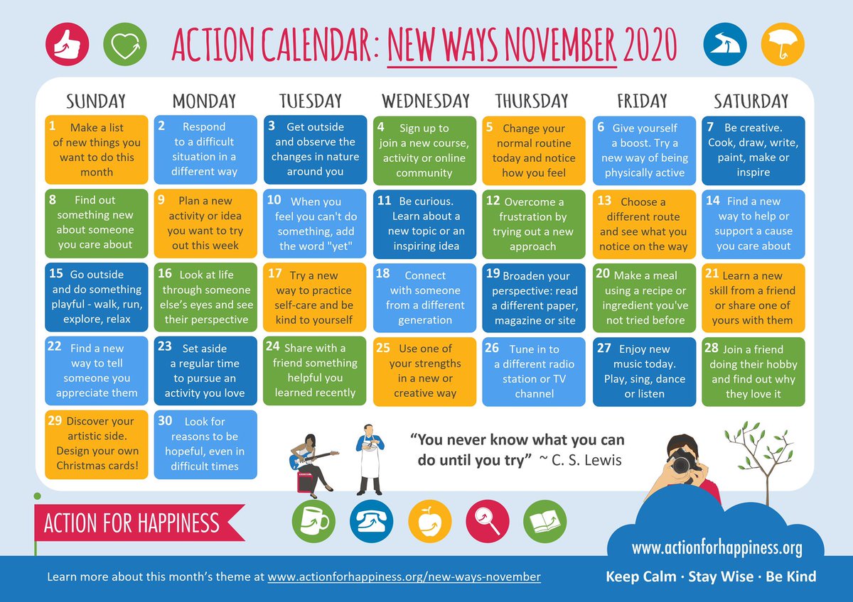Thank you <a href="/actionhappiness/">Action for Happiness</a> for another inspiring monthly calendar. It’s a strange time that may require we try some new ways of coping, being creative, having relationships and self-care. Check out the calendar below for some inspiration. #Happiness #mentalhealth