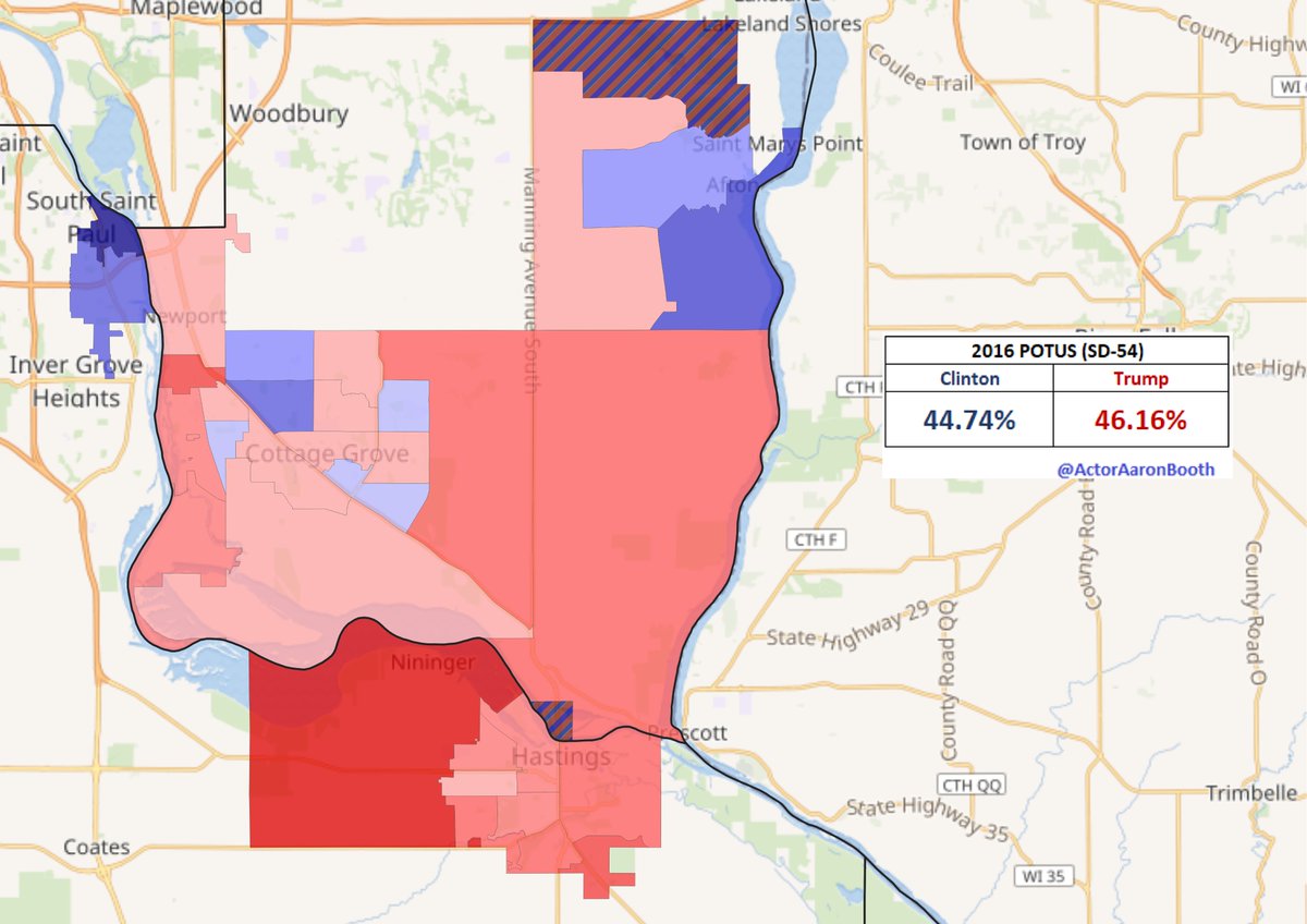17.  #SD54This district saw a special election a few years ago that the DFL was able to hold on to. It's not a solid DFL seat any longer, but this is a place the *should* be fine in if they are having a decent night. Walz's 2018 performance here should encourage the DFL.
