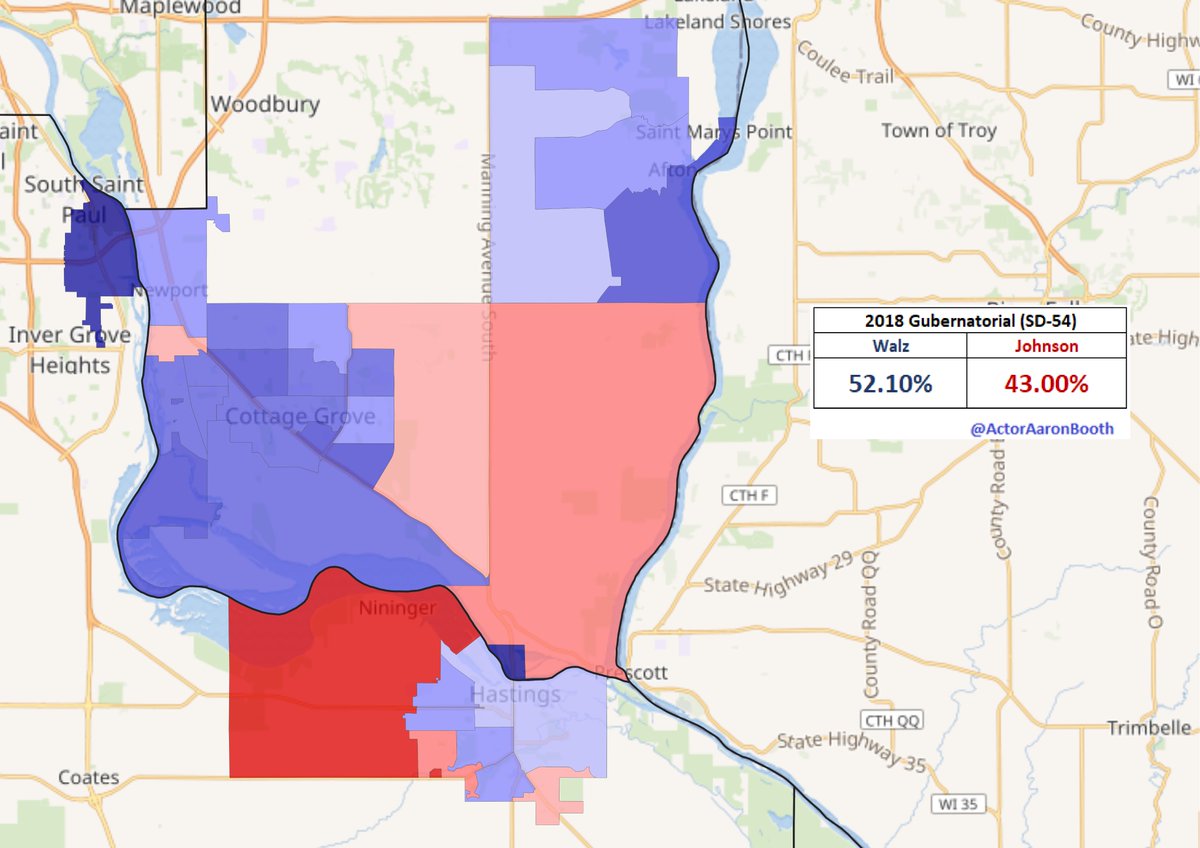 17.  #SD54This district saw a special election a few years ago that the DFL was able to hold on to. It's not a solid DFL seat any longer, but this is a place the *should* be fine in if they are having a decent night. Walz's 2018 performance here should encourage the DFL.