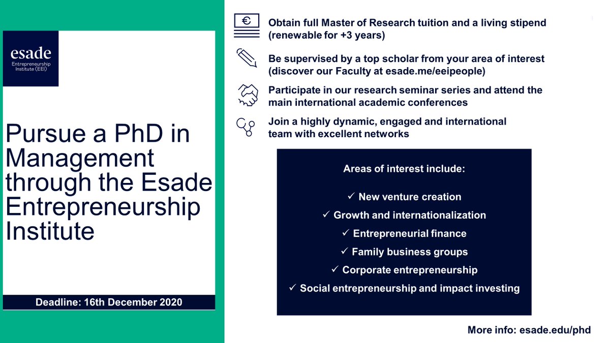 Thinking of pursuing a #PhD in #Management? 

We offer PhD scholarships on #entrepreneurship, #strategy and organization studies

Do not hesitate to apply here: esade.edu/phd

Applications are open until December 16th 2020

Get to know us: esade.edu/eei