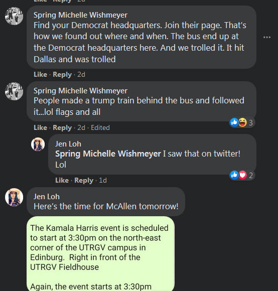 GOP organizer Jen Loh aka Jennilyn Kae Lohmer used Facebook to recruit drivers along the routes and coordinate the effort to intercept the Biden Bus tour in Texas. . @ericcervini  #BidenBusTour