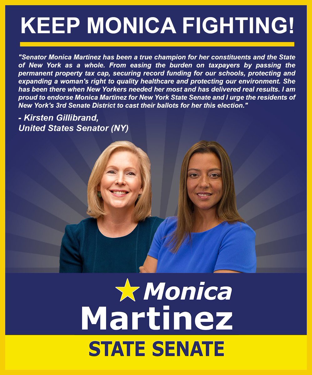 I am proud to receive the endorsement of United States <a href="/SenGillibrand/">Kirsten Gillibrand</a> . 

#SD3 #MonicaforSenate #TeamMartinez #Martinez2020 #KeepMonicaFighting #DeliveringRealResults