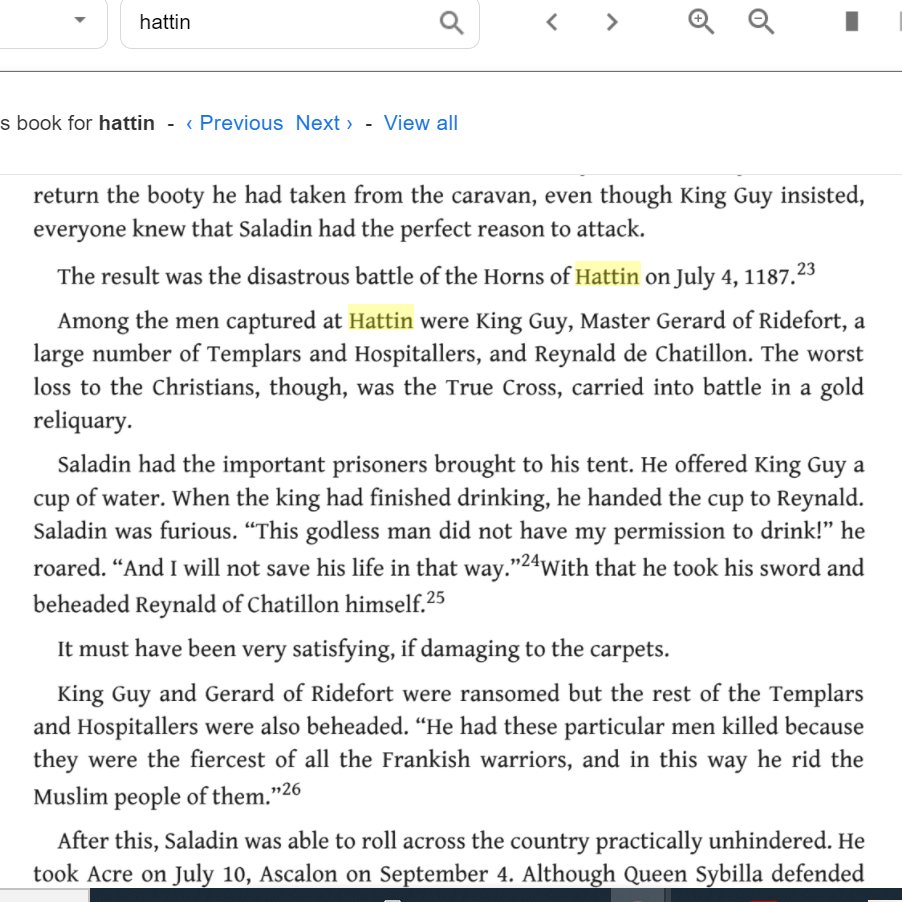6/n Post "Battle of Hattin," Saladin personally beheaded Raynald of Châtillon; the Christian knight who served in the Second Crusade.Source: Sharan Newman's "The Real History Behind the Templars," pg. 133