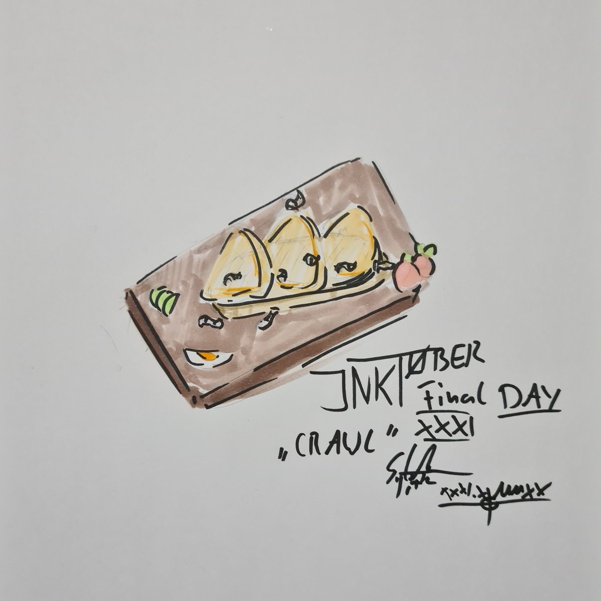 DisgermanGuy's tweet photo. #Inktober MMXX 
.
Like the 2 years before ill end it with a badly drawn cheesebread.
.
.
'Crawl' cazu marzu (rotten cheese with larvae in it).
.
.
Not gonna lie i am happy that its over... dunno this year i just havnt feelt like doing #inktober2020 most of the time. https://t.co/iBglNxqeun