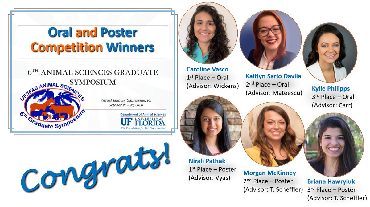 ASGSA_UF's tweet photo. HUGE CONGRATULATIONS to the winners of the oral and poster competitions during our 6th @uf_ansci #GradStudent Symposium this week!! ALL WOMEN! #UFANS #UFCALS #UFIFAS #womeninscience #stemwomen #womeninstem  #womenpower #womenleaders #inspiringwomen https://t.co/BcLSoHeUop