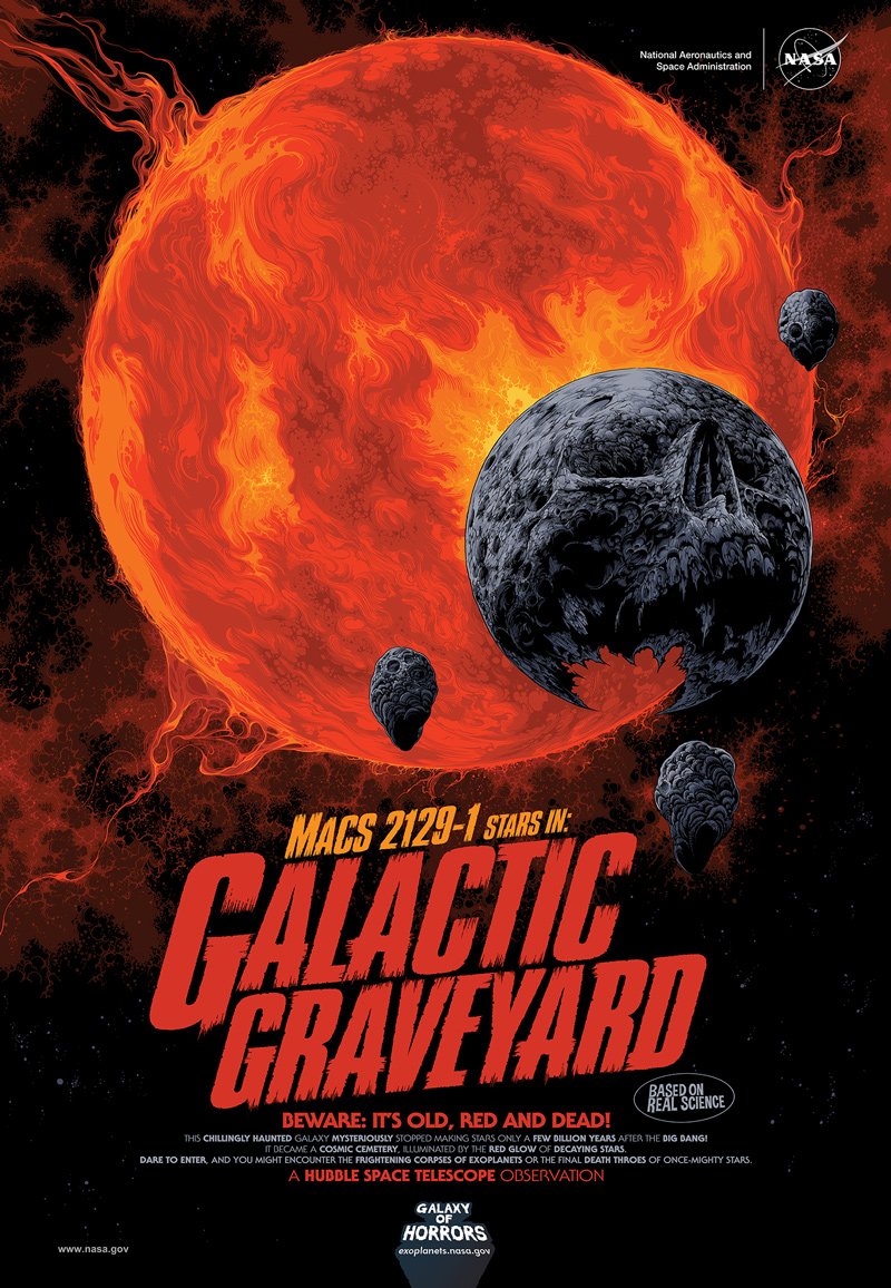 First up, we have "Galactic Graveyard"—where the MACS 2129-1 galaxy, 10 *billion* lightyears from Earth, is full of dying, red stars and is nothing but a horrifying, celestial cemetery...What horrors might live within??