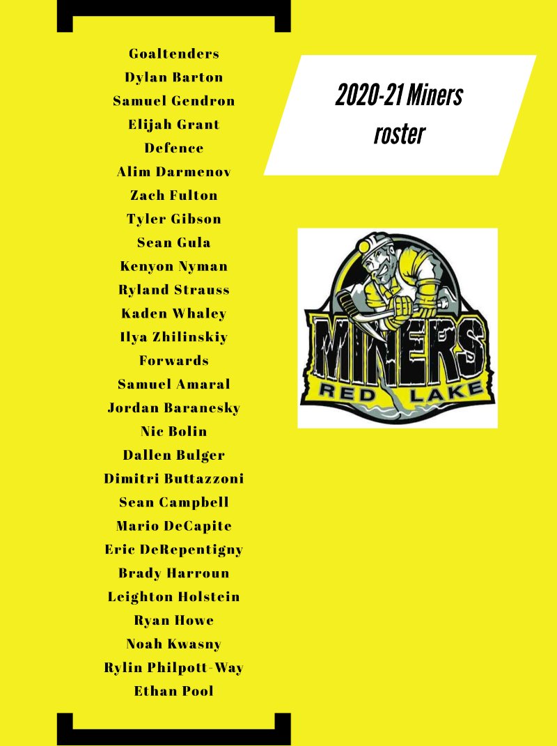 RedLakeMiners's tweet photo. With our main camp complete the Red Lake Miners are proud to announce our 2020-21 roster!  #SIJHL https://t.co/oRzTjkHQSD