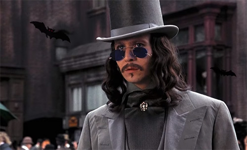 BUT WHO CARES?? Because this is also Completely Hot Contemporary Dracula time. Obviously his hair is inccurate, but the rest is nice. Grey morning coat, this time the right sinous lines, and yes, the sunglasses are entirely correct. Yum.