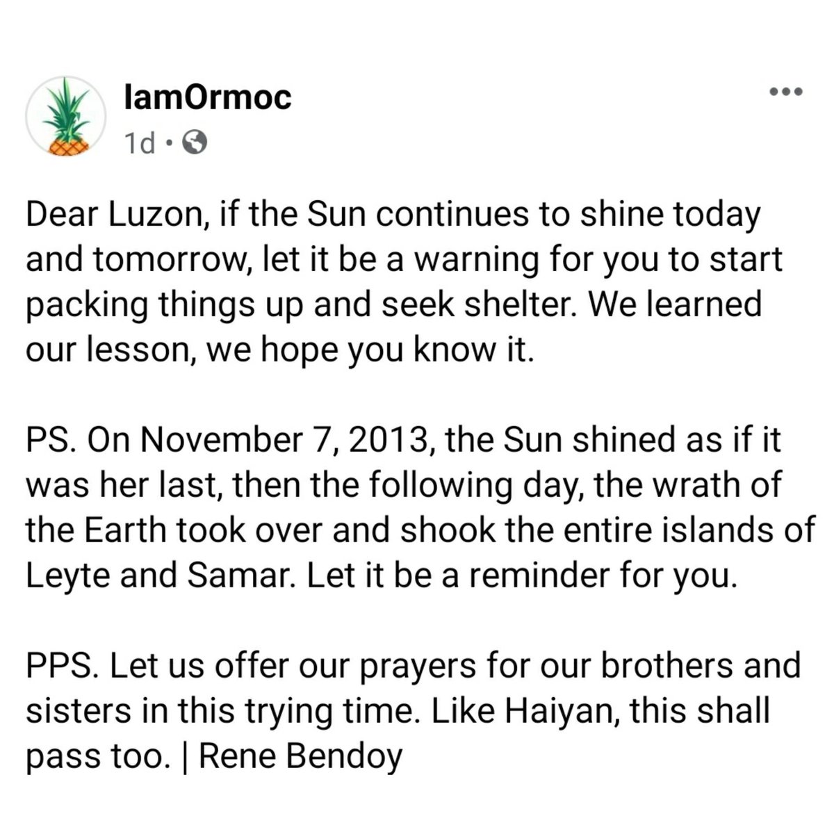 Please heed our advice

This is a loving reminder from us
Who experienced the wrath of Yolanda.

Our thoughts and prayers are with you 🙏