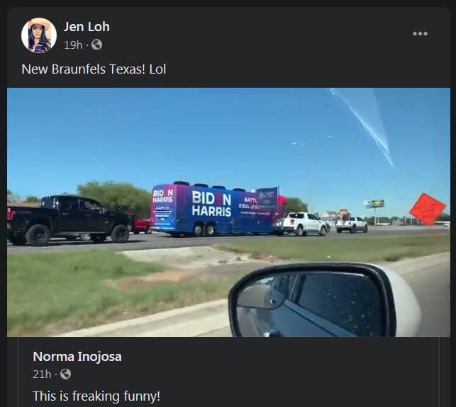 Jen Loh shared video of the Trump Trains terrorizing the Biden bus in different cities and gloated about the harassment.  #BidenBusTour