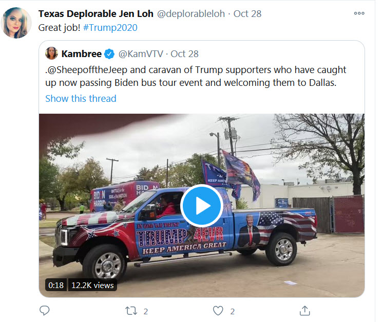 Jen Loh shared video of the Trump Trains terrorizing the Biden bus in different cities and gloated about the harassment.  #BidenBusTour