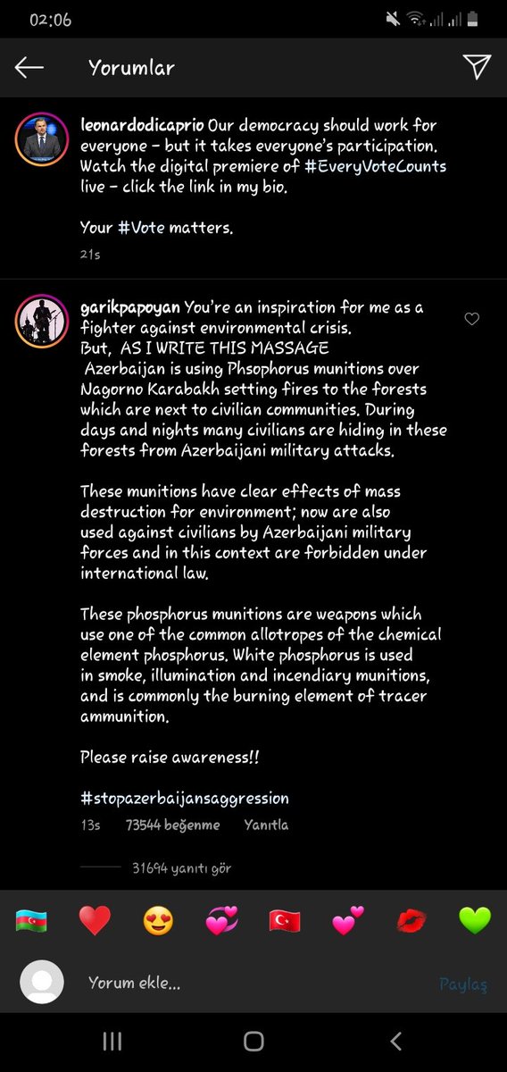 İnstagramda bu şəxsin səhifəsinə girib bizimkilərin komentlerini beyenek.en üstde ermeninin yalan melumatıdı 73 min like alıb.Çalışaq biz öne keçek en üstde bizim koment qalsın.Görüb keçmeyin.Maksimum dərəcədə rt edek yayılsın.