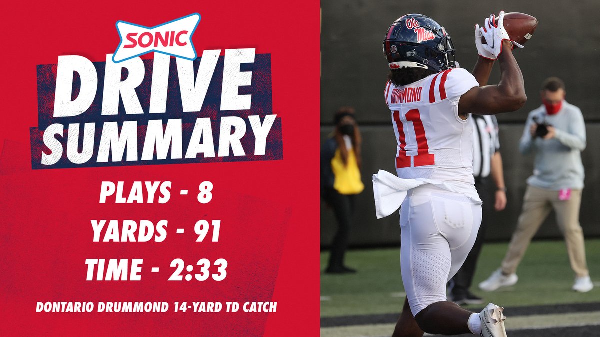 OleMissFB's tweet photo. Dontario Drummond hauls in Matt Corral's fifth TD pass of the night and the QB adds the two-point conversion to make it a 41-14 Rebel lead.

Your @sonicdrivein drive summary ⬇️ https://t.co/BpqUWgSTf1