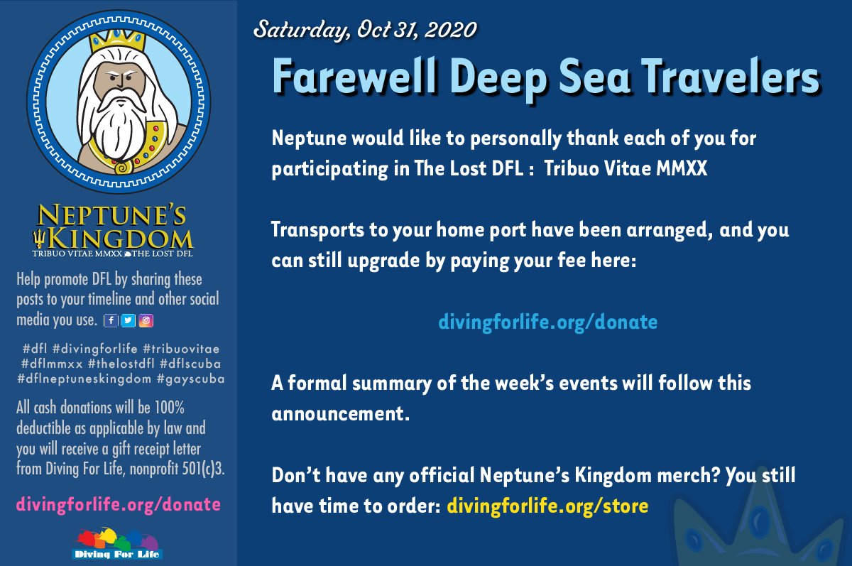 divingforlife's tweet photo. Neptune would like to personally thank each of you for participating in The Lost DFL : Tribuo Vitae MMXX

Transports to your home port have been arranged, and you can still upgrade by paying your fee here:

https://t.co/oONAjLFOda https://t.co/gVi0fVPC23