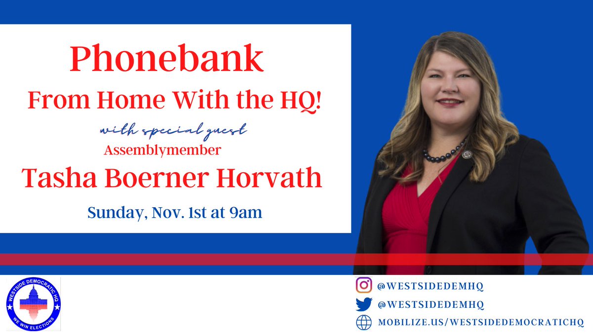 WestsideDemHQ's tweet photo. Tomorrow 11/1 - 9am PT - GOTV with @tashaboerner! link in bio! https://t.co/dtaK0ZYOG0