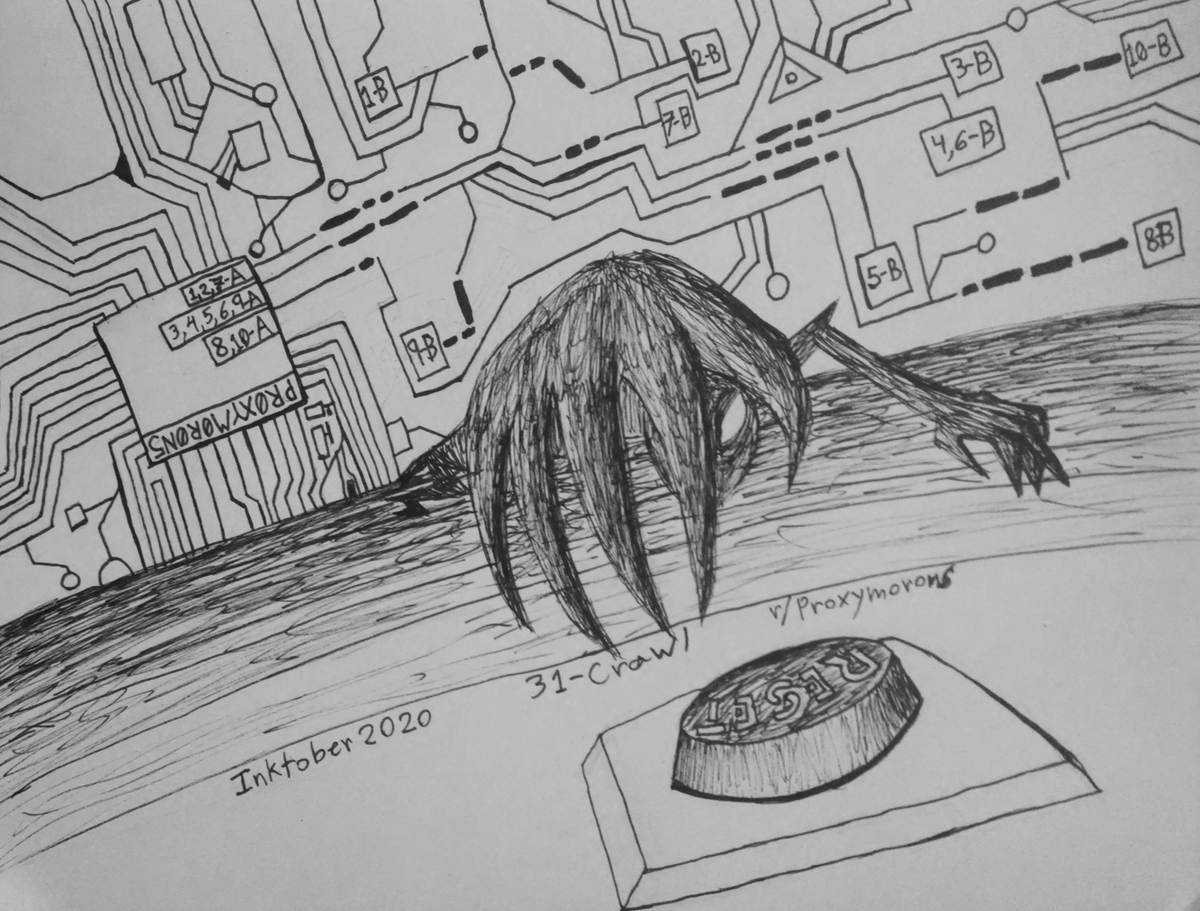 Proxy_Morons's tweet photo. Inktober Day 31 - Crawl. Been fun participating in Inktober, Happy Halloween! 🎃 Join the Proxymorons Discord! https://t.co/hp5XmqAcLm #Inktober #Inktober2020 #Proxymorons #AlternateRealityGame #Unfiction #Drawing #Crawl #Reset #Reboot https://t.co/5KRpztVwNz