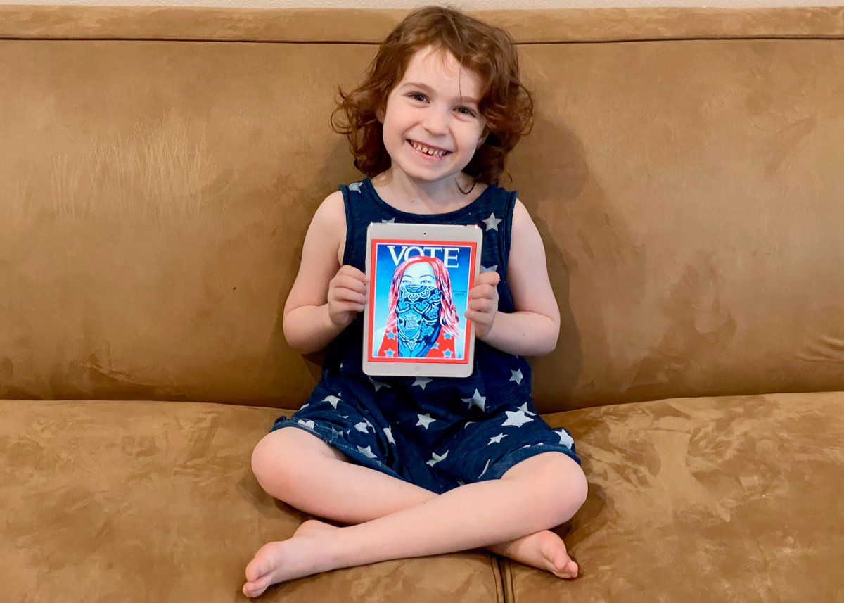 djwhelan's tweet photo. The kids replaced their monthly photos, which would have been Halloween this time, with #ElectionDay #Election2020 #VOTE photos. I think @whelanbean’s iPad speaks for itself: «I have met 2 presidents. Let’s make it 3!» @JoeBiden @BarackObama @BillClinton @KamalaHarris @OBEYGIANT https://t.co/FbTZ36QEQs