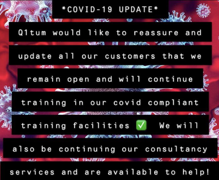 q1tumltd's tweet photo. *COVID-19 UPDATE*
If you have any queries or worries please do not hesitate to contact us:
๐ปDM us on here,
โ๏ธRing us on 0114 2180665
๐งEmail us at info@q1tum.co.uk
#healthandsafetytraining #consultancy #healthandsafetycourse #sheffield #trainingonline #covid19 #covidupdate https://t.co/mQrlyh0hbA