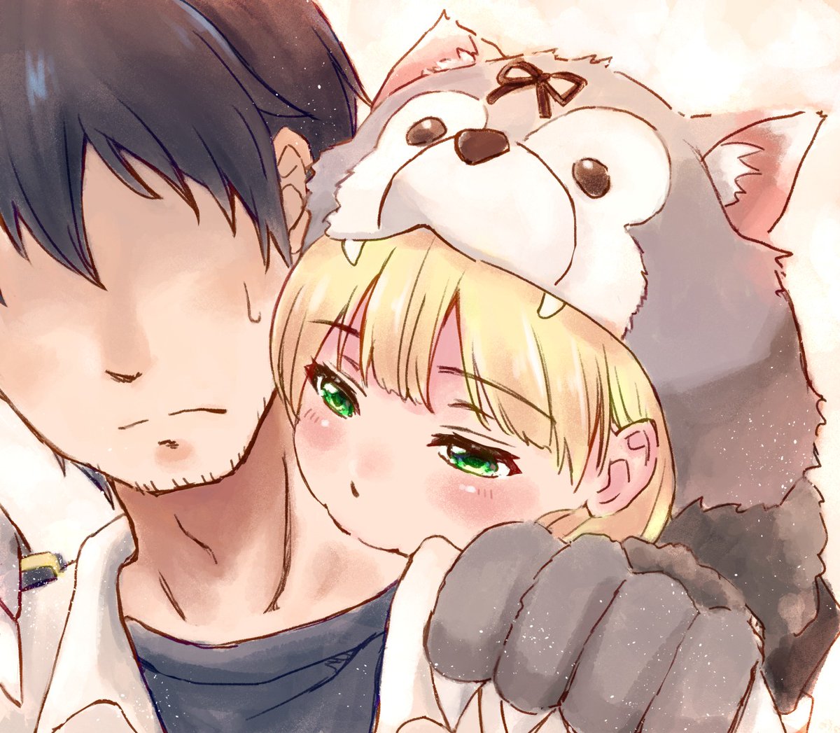 yuudachi (kancolle) 1girl green eyes blonde hair 1boy animal hands gloves paw gloves  illustration images