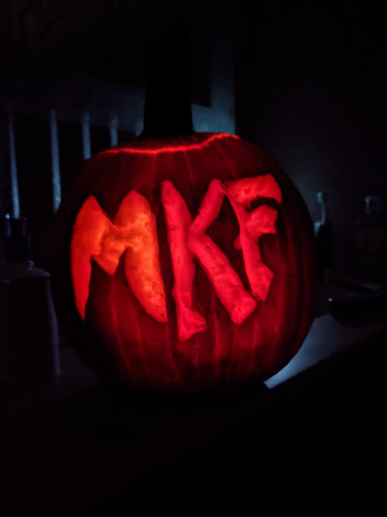 TrexHall's tweet photo. .@mkf  First time pumpkin carvers. Can't believe you people do this for fun! Running out of time and had to improvise with paddle bit on power drill. Happy to do it for a good cause! Username damageinc1 .@SoonerinAr https://t.co/0cKKm0TVex