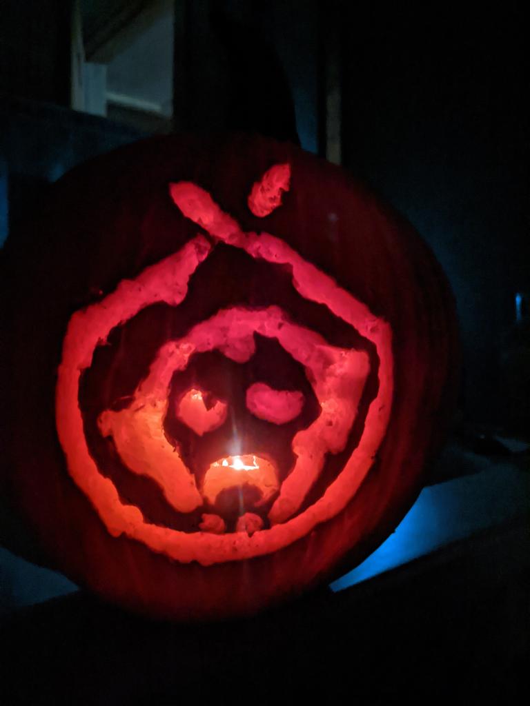 TrexHall's tweet photo. .@mkf  First time pumpkin carvers. Can't believe you people do this for fun! Running out of time and had to improvise with paddle bit on power drill. Happy to do it for a good cause! Username damageinc1 .@SoonerinAr https://t.co/0cKKm0TVex
