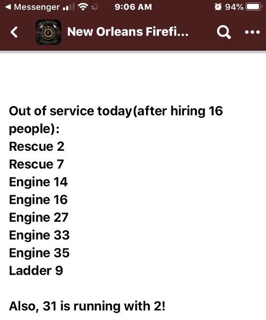 MarkDPenny's tweet photo. @CityOfNOLA @nolaready @fema @NOLAFireDept @NOPDNews @opcdla @311nola @NewOrleansEMS @LANationalGuard @LAFIREMARSHAL @LAStatePolice Teamwork is putting your citizens at risk by furloughing these fire stations on Halloween. One of the busiest nights of the year. https://t.co/9Ki8QLumIs