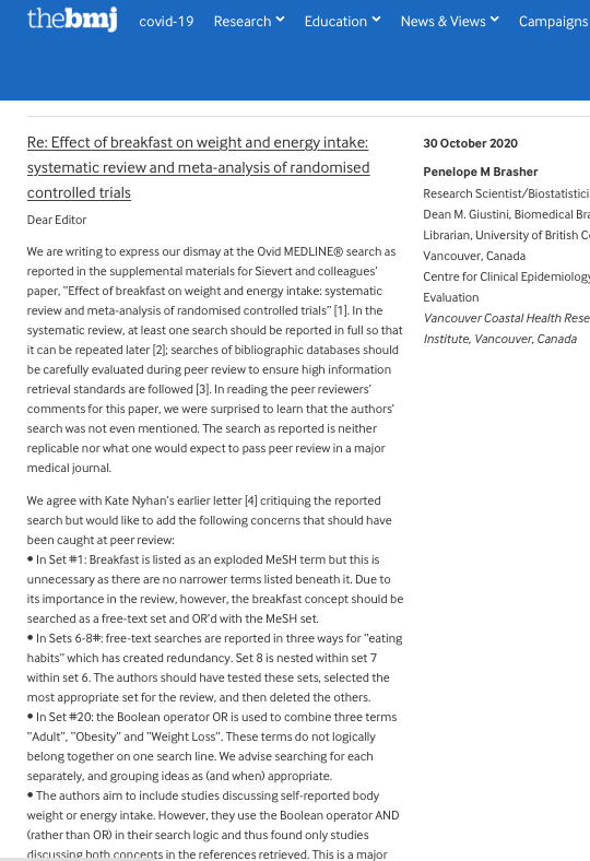 giustini's tweet photo. #SABWL SearchesAreBetterWithALibrarian
Our letter published in full @bmj_latest Oct. 30th, re: searches in Ovid Medline to support Sievert et al's systematic review (2019) #medlibs https://t.co/OOOhgdm4i7 https://t.co/YmfInL16Be