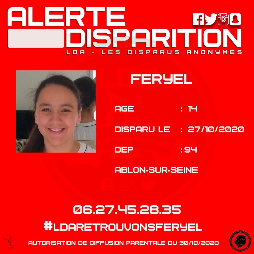 MathildePanot's tweet photo. 🚨 Alerte disparition inquiétante 🚨

#Feryel a disparu à Ablon-sur-Seine. 
Sa famille est très inquiète. 
Partagez le plus largement possible. 
Si vous avez des informations appelez le commissariat d’Ablon-sur-Seine. 

Merci d’avance pour elle et pour la famille. https://t.co/xU1E9D3XyY