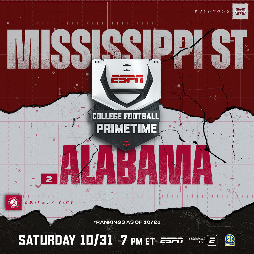 BrooksAD's tweet photo. Here we go! @HailStateFB π @AlabamaFTBL on ESPN now
π: Sean McDonough, @Todd_Blackledge, @McShay13 & @MollyAMcGrath on the call for #MSSTvsALA https://t.co/0PZev5qCNI