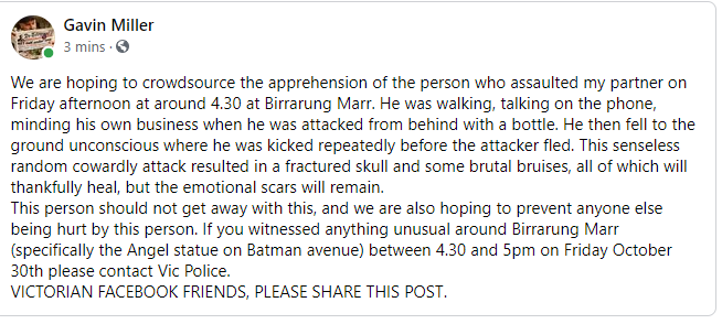 Higgo74's tweet photo. Melbourne friends, 
Please share this far and wide. 
We are a city mending, and the scum are out already. This is foul and this person must be caught. 
PLEASE SHARE. If you have any information call the police.
@GavinDMiller I'm so sorry you guys had to go through this. https://t.co/DdlxLX7cN1