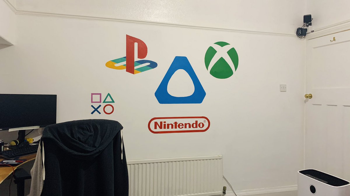Joshwontknow's tweet photo. Finished the first round of decorating in the office. @Xbox @PlayStation @htcvive @NintendoUK thoughts or suggestions for more? https://t.co/ZOUUgc4GJ9