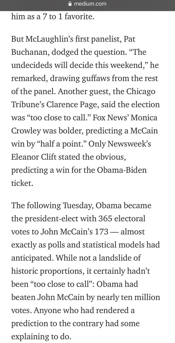 From <a href="/NateSilver538/">Nate Silver</a> 2012 book about The McLaughlin Group making ridiculous prognosticators the weekend before the 2008 election. Interesting to think about this weekend medium.com/@penguinpress/…