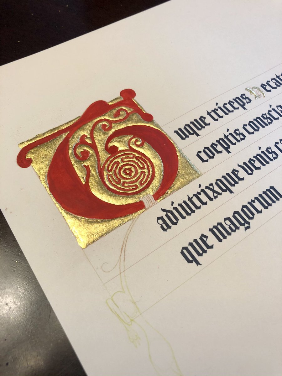 Progressively adding on coats of color. Vermillion red which is what I am using now, was originally made by grinding cinnabar, which is a compound of mercury, made with mixing Mercury and Sulfur together. This color is very representative of the alchemical process.